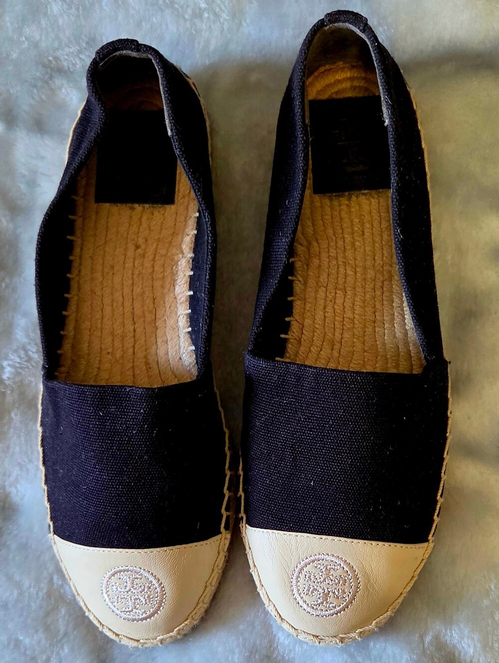 Tory Burch Black Canvas Espadrilles with Cream Cap Toe and Logo
